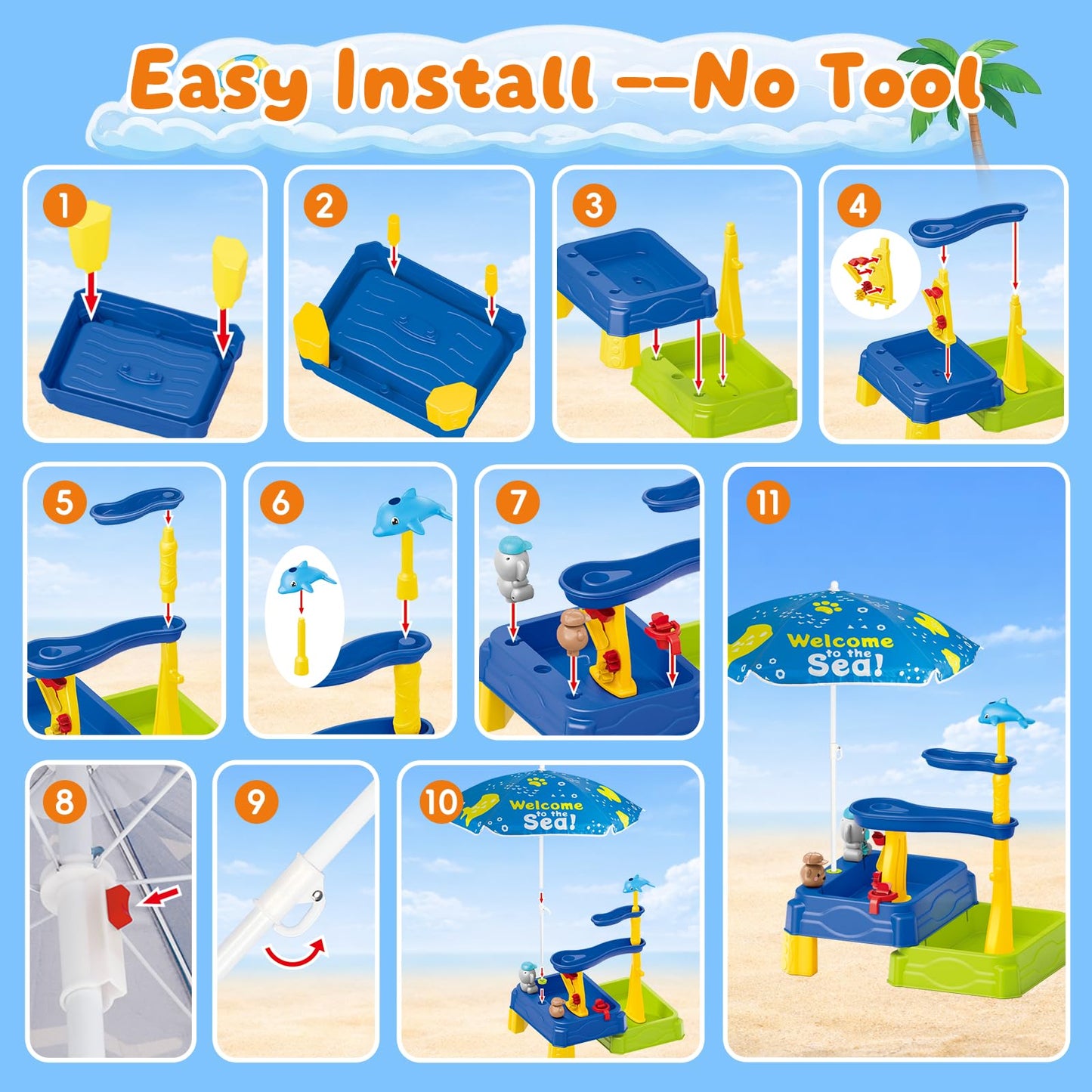 MUGEYMYD Water Table for Toddlers 3-5, Rain Showers Splash Pond Sensory Sand Playset with Umbrella, 16 PCS Accessories, Outdoor Summer Toy for Boys and Girls.
