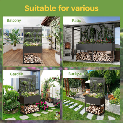Metal Planter Box with Trellis, 3 in 1 Raised Garden Bed with Trelli & Firewood Rack, Privacy Planter Screen for Climbing Plants, Vine, Outdoor Garden Standing Beds with Drainage Holes, Wheels,Black