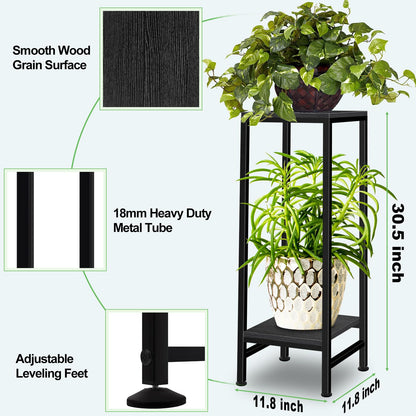 Plant Stand Indoor, Tall Plant stands for Indoor Outdoor Plants, 2 Tier Heavy Duty Plant Shelf 31" Metal Pedestal Stand Modern Corner Flower Stand for Patio, Living Room, Balcony(Black)