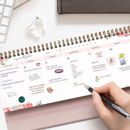 Belle Fleur Non-Dated Spiral Weekly Desk Calendar Planner, 60 Week Inspirational to Do List Pad Desktop Stand, 3.75" x 10.5", La Lune Collection by Bright Day