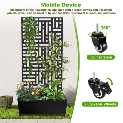 Meyoppm 72"x35"x16" Metal Planter Box with Trellis, Galvanized Steel Raised Garden Bed with Lockable Casters & Drainage Holes, Outdoor Large Planter Box for Climbing Plants, Vegetables & Flowers