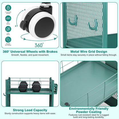 3-Tier Rolling Storage Cart Metal Utility Cart with Wheels, Office Organizer with Hanging Cups, Hooks, Book Snack Craft Mobile Shelving Unit for Office Kitchen Nursery