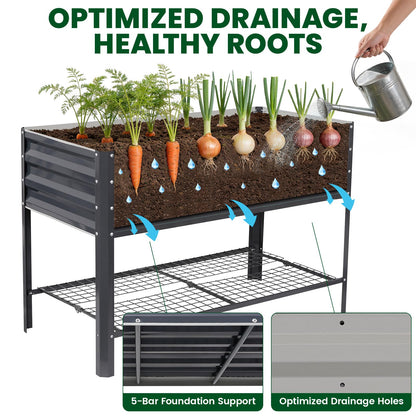 1MORE Elevated Raised Garden Bed with Legs & Storage Rack, 48×24×32in Large Metal Raised Bed for Backyard, Patio. Raised Planter Box with Drainage Holes for Plants Vegetables Flowers Fruits(Grey-1pcs)