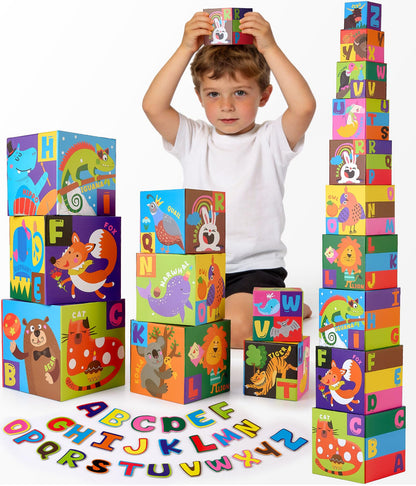 Atoylink Alphabet Nesting Stacking Blocks for Toddlers, 10-Piece Educational Toys with Magnetic ABC Letters, Numbers 0-9, 26 Animals, Sorting Storage Cubes for Kids Age 18 Months 2 3 4 Year