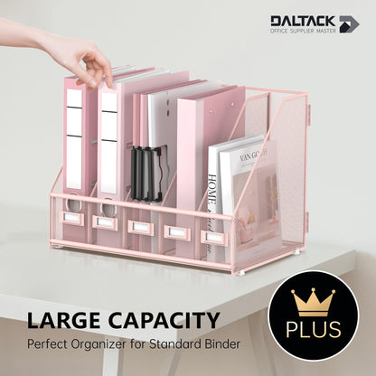 DALTACK Desk Organizers Metal Magazine File Holder with 5 Vertical Compartments Folder Storage Binder Organizer for Office Home School Organization, Pink Plus