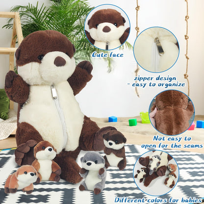 5 Pcs Sea Otter Stuffed Animal Plush Otter Set Large Mommy Stuffed Otter Plush Toy with 4 Babies in Zipper Pouch, Soft Cuddly Otter Plushies Pillow for Kids Boys Girls Birthday Christmas Plush Gifts