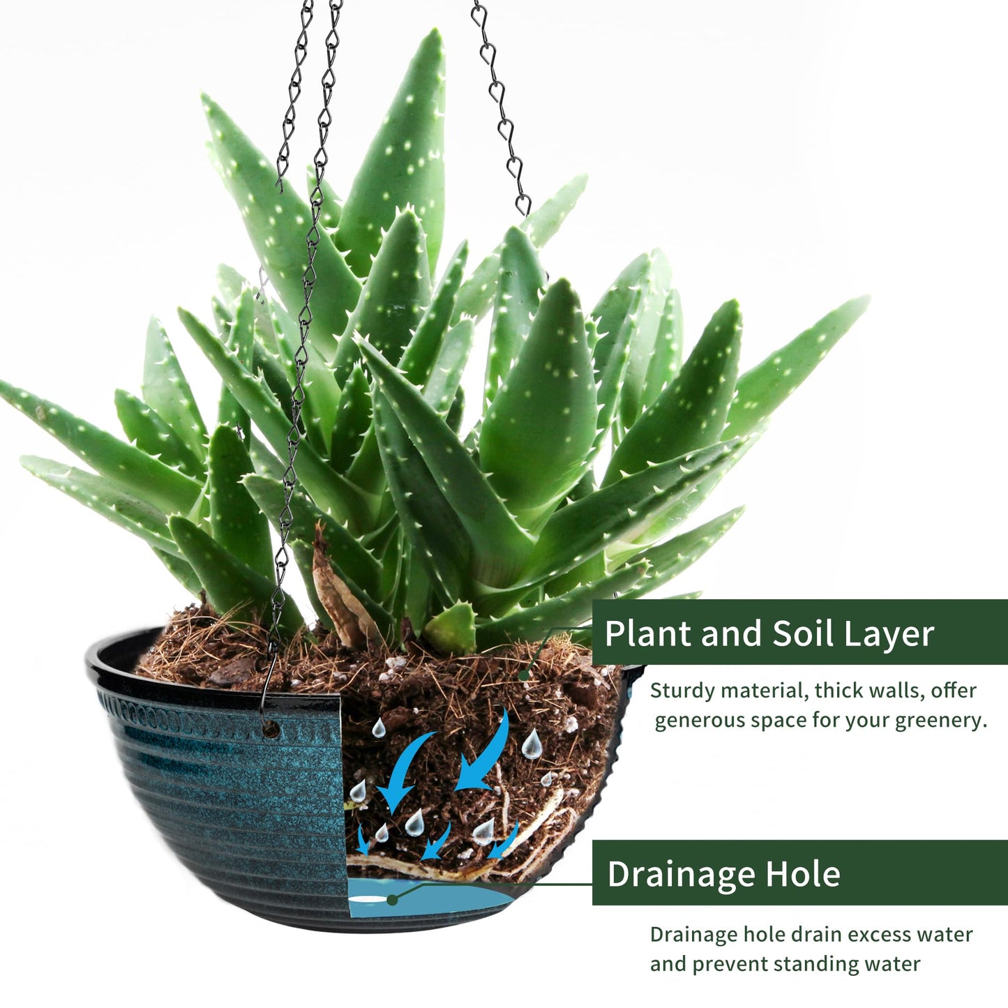 Vanslogreen 12 inch Hanging Planters for Indoor Outdoor Plants, 2 Pack Large Hanging Flower Pots with Drainage Holes and Chain, Glazed Hanging Baskets for Home Garden Decoration, Blue