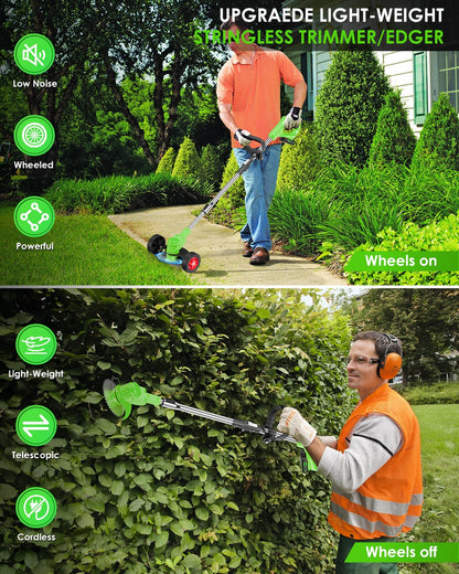 Cordless Weed Wacker Battery Powered, 2-in-1 Electric String Trimmer & Edger, 21V Foldable Grass Cutter with 2.0Ah Battery and Charger, Lawn Tool for Garden Yard Maintenance