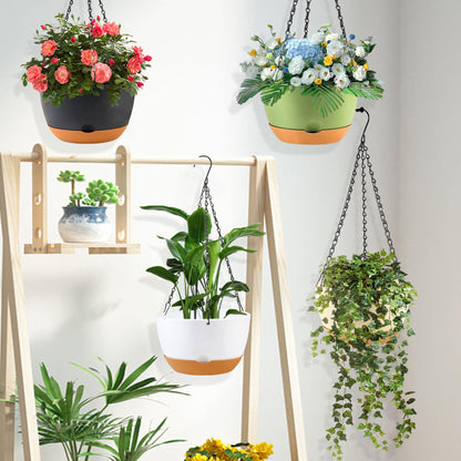 KPUVX 10 inch Hanging Planters for Indoor Outdoor Plants with Self-Watering Pots, 3 Pack Plastic Hanging Basket with Removable Tray for Home Garden Porch Balcony Patio Decor(White+Black+Green)