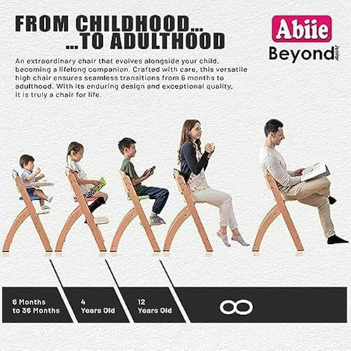 Abiie Beyond Junior Wooden High Chair for Babies and Toddlers - Convertible 3-in-1 Baby Highchair with Removable Tray - 6 Months to 250 Lb - Water Resistant - Natural Wood/Blueberry Cushion