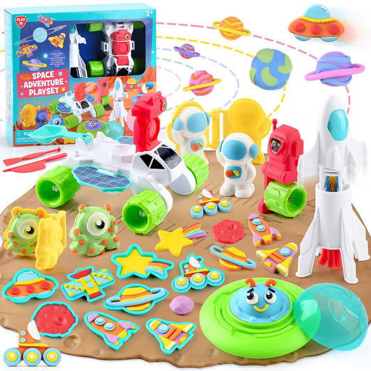 PLAY Color Dough Sets for Kids, Space Planets Theme Sensory Dough Tool Set for Kids Ages 4-8 with 20 Pcs Accessories Astronaut, Robot and Alien Space Sensory Kit, Gift Toys for Boys Girls