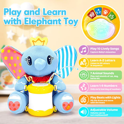 V-Opitos Stuffed Elephant Musical Toys for Baby 6-12 Months+, Early Learning Light up Music Drum, Perfect Christmas Birthday Gifts for Boy & Girl Age 1, 2 Years Old