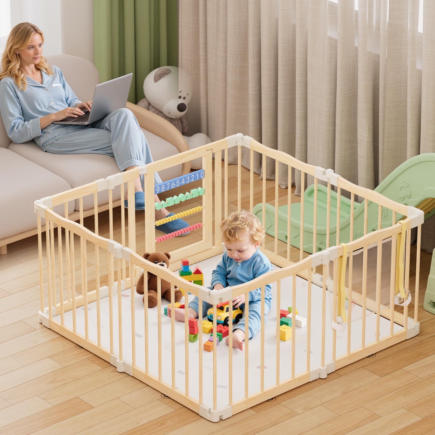 Atoping Wooden Baby Playpen 50 × 50 Inches, Foldable Playpen Fence with Cute Digital Blocks & Storage Bag, Wooden Baby Gate, Multi-Shape Play Yard for Babies and Toddlers Indoor Outdoor