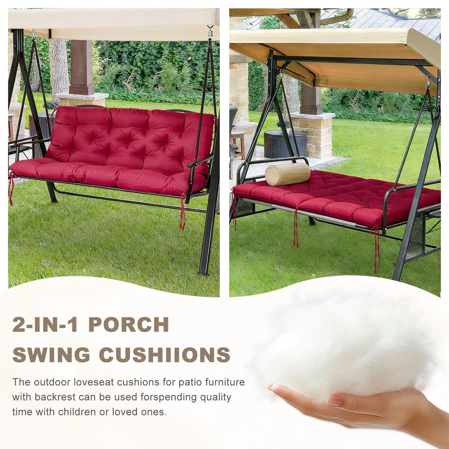 NANGELRN Porch Swing Cushion with Backrest,Waterproof Bench Cushion for Outdoor Furniture,2-3 Seater Replacement Thickened Swing Cushion with Ties,Patio,Outdoor,Backyard and Garden (Wine Red,60x40)