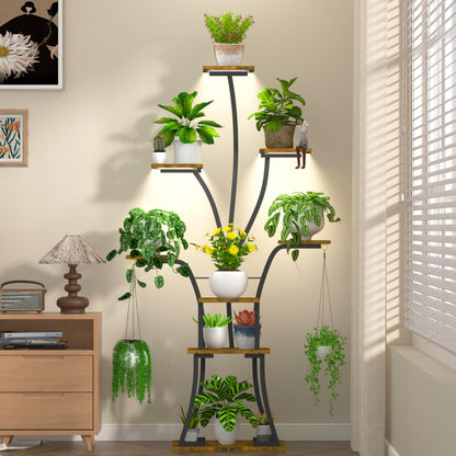 YIIHEERR 64" Tall 8 Tiered Plant Stand Indoor with Grow lights Large Tree Shape Decorative Rack Plant Pot Holder Gardening for Living Room Corner Black