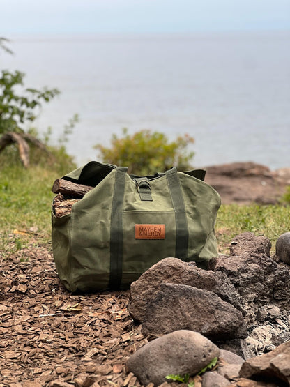 MAYHEM & MERCY Extra Large Waxed Canvas Firewood Carrier Tote – Heavy Duty Log Bag with Handles & Pocket – Self-Standing Wood Holder for Fireplace, Camping, and Outdoor Use – Hunter Green