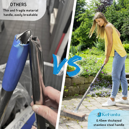 Stainless Steel Wire Scrub Brush with Long Handle for Deck, Concrete, Patio Floor Cleaning, 59'' Heavy Duty Stiff Metal Bristle Scrubber Broom for Outdoor Moss Removal