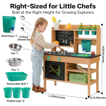 Mud Kitchen for Kids Outdoor, Wooden Play Kitchen with Real Working Faucet & Water Tank, Sensory Montessori Kitchen Playset with Sink, Chalkboard, Pots & Pans for Toddlers & Kids Ages 3+