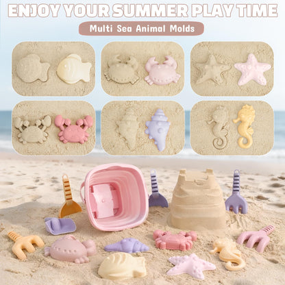 3 Pack Beach Toys Set for Kids Toddlers Girls, Collapsible Sand Buckets with Beach Molds and Mesh Bag, Sandbox Travel Toys Beach Vacation Essentials, Camping Gear, Fishing (Purple/Pink/Yellow)