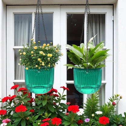 VIDELLY 2 Pack Self Watering Hanging Planters, 8.3" Plastic Hanging Flower Pots with Hooks & Drainage Holes for Indoor Outdoor Plants