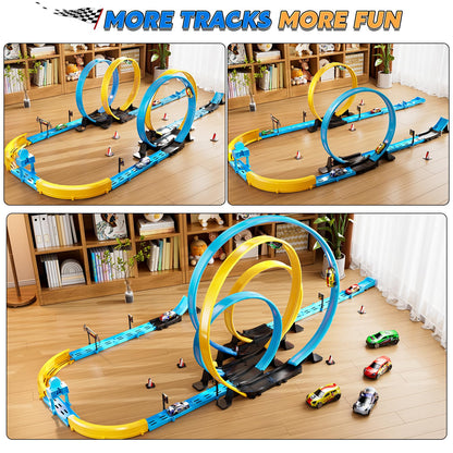 LILYBUDS Toy Car Track Gift Set for Boys Kids Age 3-5 4-7 8-12, Long Race Tracks with 4 Action Loops and 4 High-Speed Slot Die-Cast Race Cars, 35+ Pieces Race Tracks to Create Multiple Configurations