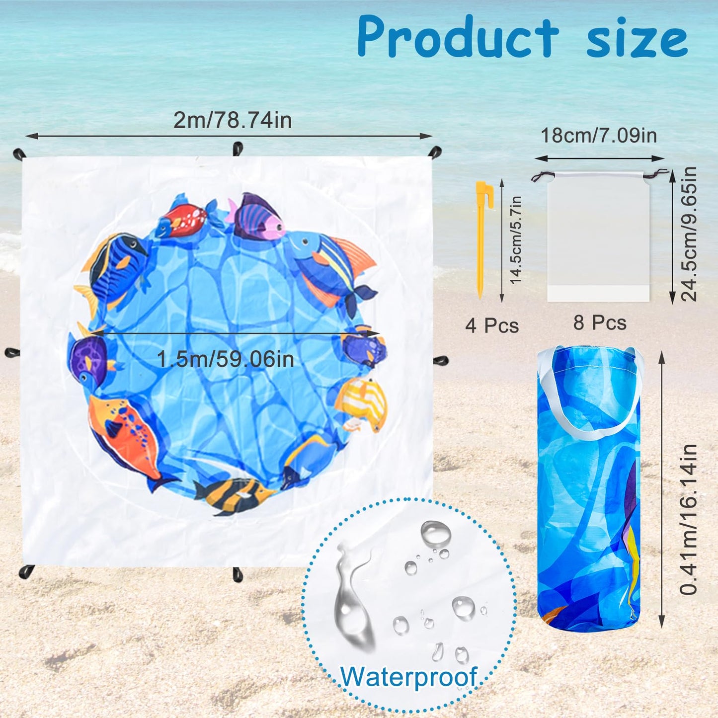 6.5 X 6.5 Ft Baby Beach Pool, 2 in 1 Portable Kids Beach Play Pool Puddle Toddler Beach Blanket and Kiddie Pools Blue Cartoon Childs Sand Pit Paddling Pools with Water Bag for Boy Girl Outdoor Camping
