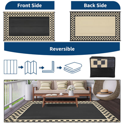 Checkered Outdoor Rug 8x10 Waterproof Modern Bordered Patio Rugs Plastic Straw Rug Large Indoor Outdoor Throw Carpets Reversible Mat for Picnic, Backyard, Rv, Beach, Deck, Camper, Balcony, Black