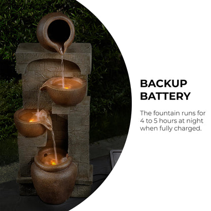 Teamson Home 28 in. Cascading Bowls and Stacked Stones LED Outdoor Water Fountain for Outdoor Living Spaces to Create a Calming Oasis in Gardens and Landscaping, on Patios, Balconies, Lawns, Brown