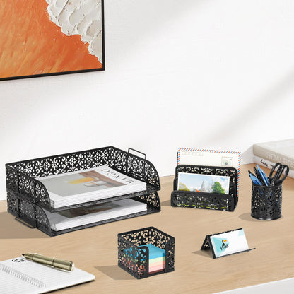 EasyPAG Desk Organizers and Accessories 5 Pieces Office Supplies Set - 2 Tier Paper Tray, Pencil Organizer for Desk, Mail Sorter Countertop, Business Card Holder and Sticky Note Holder, Black