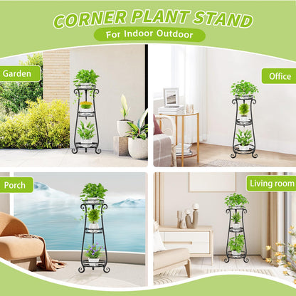 KMOTASUO 3 Tier Metal Plant Stand Indoor, 34 Inch Tall Corner Plant Stands for Indoor Plants, Flower Pot Holder Shelf Display Rack for Balcony Garden Patio Living Room(Black)