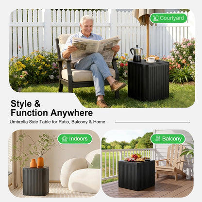 Umbrella Side Table with Hole, Fit Up to 1.5" Poles, Heavy Duty Fillable Base, 132 lbs Capacity, 2 in 1 Outdoor Patio Side Table for Patio Porch Deck Balcony Poolside, Easy Assembly, Modern Style