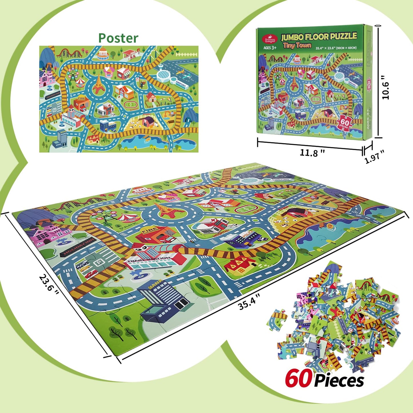 Beeqoo City Adventure Giant Floor Puzzle for Kids Ages 3-8 - 60 Piece Large Piece Puzzles- Town Map with Race Tracks & Train Tracks - Storytelling Educational Preschool Toy for Toddlers Ages 3+