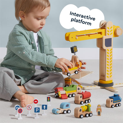 Wooden Construction Vehicle Playset for Toddlers 3-5, 18-Piece Crane Command Fleet with 8 Wooden Vehicles and Road Signs, Pretend Play Toy for Boys and Girls, Non-Toxic Wood
