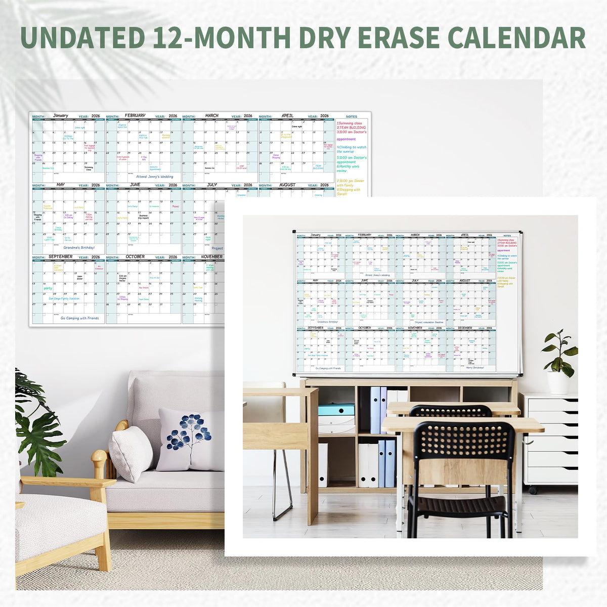 Large Dry Erase Calendar for Wall – Yearly Wall Calendar Dry Erase, 58" x 37", 12-Month Undated Blank Calendar Planner, Reusable Laminated with 15 Round Stickers, Perfect Large Wall Calendar for Office, Home and Classroom