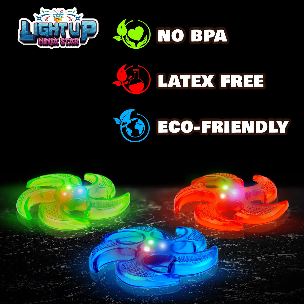 PICK A TOY Light Up Frisbee Ninja Flyers, 3 LED Electronic Stars, Heavy Duty Rubber Throwing Discs, Ninja Party Favors & Kids Toys, 3 Colors, Includes Gift Box