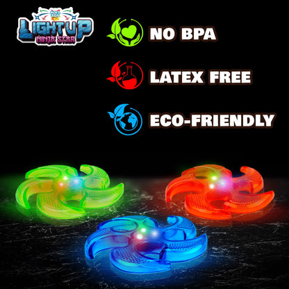 PICK A TOY Light Up Frisbee Ninja Flyers, 3 LED Electronic Stars, Heavy Duty Rubber Throwing Discs, Ninja Party Favors & Kids Toys, 3 Colors, Includes Gift Box