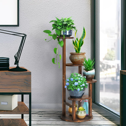 Jotboom 4 Tier Tall Plant Stand Indoor, Wood Corner Plant Shelf for Multiple Plants, Sturdy Oval Tiered Flower Pot Holder Display Rack for Living Room Balcony Patio, Carbonized Pine Wood