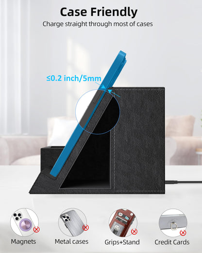 Investme Wireless Charger with Desk Organizer, Pen Pencil Holder, Multifunctional Desktop Organizer, Office Supplies and Desk Accessories Organizer with 3 Compartments and 1 Phone Stand, PU Black