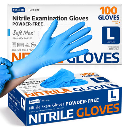 Supmedic Medical Nitrile Exam Gloves, Latex-Free, Powder-Free, Food Safe, Cooking Food Prep, Disposable Gloves, Blue, 100 Pcs (Large)