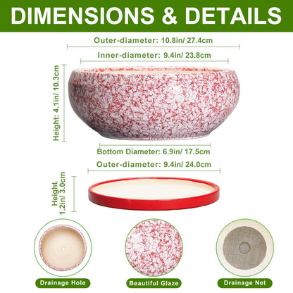 EPFamily Bonsai Pots 10 Inch - Ceramic Succulent Planters for Indoor Plants Outdoor, Succulent Pots with Drainage Hole and Tray, Round Shallow Planter, Bonsai Planter, Home Decor, Gardening Gift, Red