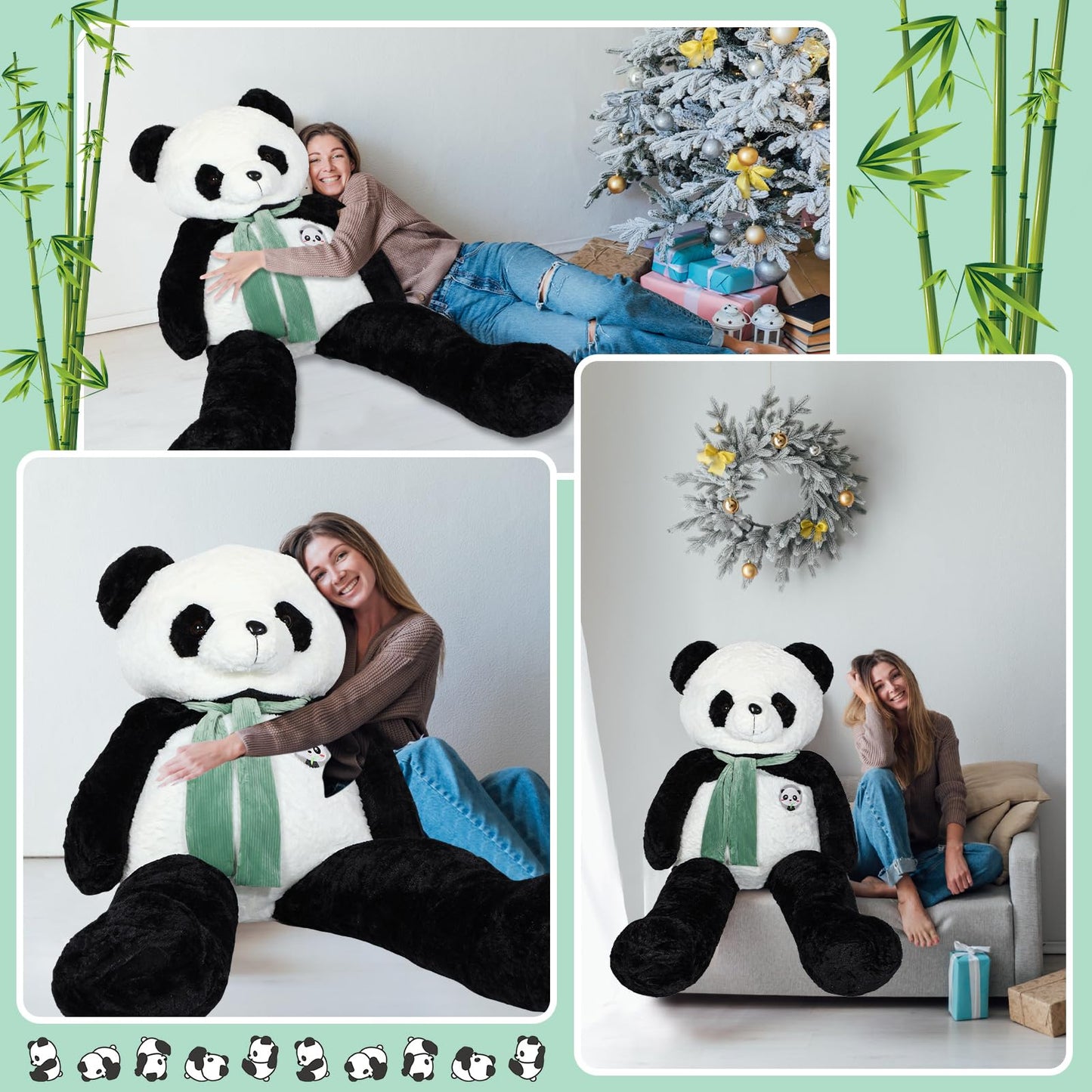 RoundFunny 63 Inch Tall Giant Plush Panda Bear Giant Stuffed Animal Large Panda Plushie with Green Scarf Big Soft Plush Bear Toy for Christmas Boys Girls Girlfriend Wife Gift