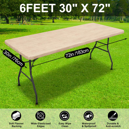 Smiry Rectangle Table Cloth Cover, Waterproof Elastic Fitted Picnic Tablecloth for 6 Foot Tables, Wipeable Flannel Backed Vinyl Tablecloths for Camping, Dining, Outdoor (Beige Wood, 30" x 72")
