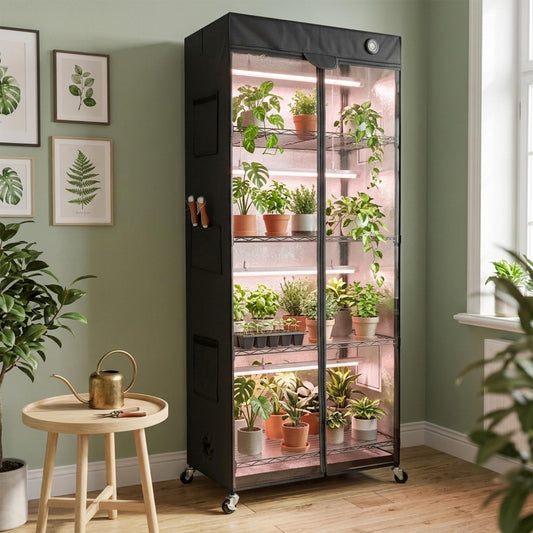 WORTH Mini Greenhouse with 18W T8 Grow Lights & Thermo-Hygrometer 27"x15"x70" Smart Indoor Grow Tent with Black Oxford Fabric Cover Plant Stand with Casters & Ventilation Flaps for Seed Starting