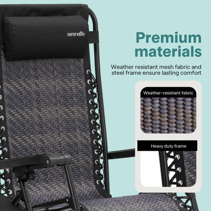 SereneLife Zero Gravity Lounge Chair Set of 2 – Outdoor Reclining Patio Chairs with Rattan Side Table, Cup Holder & Pillow Foldable Lawn Chairs for Patio Furniture, Garden, Beach, or Indoor Relaxation