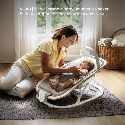 Qutanix 2-in-1 Baby Bouncer & Rocker,Portable Baby Bouncer Seat for Babies 0-9 Months, Baby Rocking Chair with 3 Reclining Positions,Wood Accents,Soft Newborn Insert - Beige