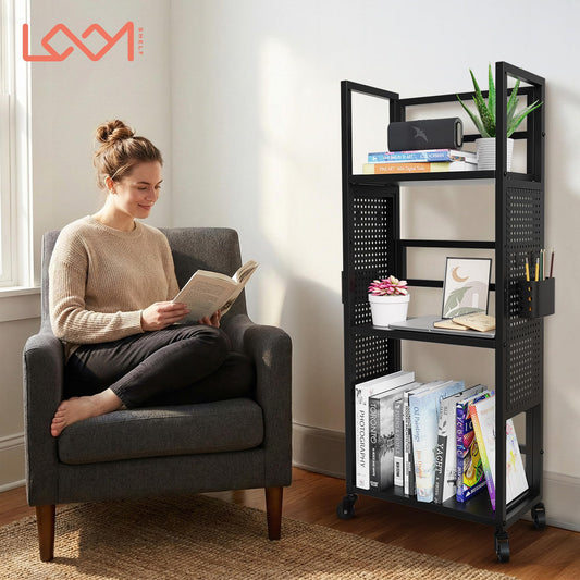 Rolling Book Cart with Wheels, 3-Tier Portable Bookshelf, Vinyl Record Storage Cart for Albums & Record Player Stand, Storage Organizer with Side Hooks & Bins for Classroom, Office, Books & Magazines