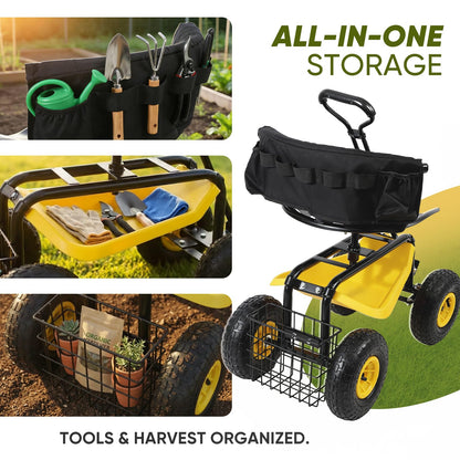 Sekey Garden Cart Rolling Workseat with Backsupport & 360° Swivel Seat, Heavy Duty Garden Scooter with Adjustable Height, Tool Tray, All-Terrain Wheels, 440 lbs Capacity for Seniors & Gardeners
