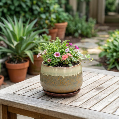 Fivepot Ceramic Plant Pots - 6 Inch Planter with Drainage and Saucer, Round Ceramic Pots for Indoor Plants, Decorative Small Planter, Office Living Room Decor, Housewarming Gifts, Brown-Beige