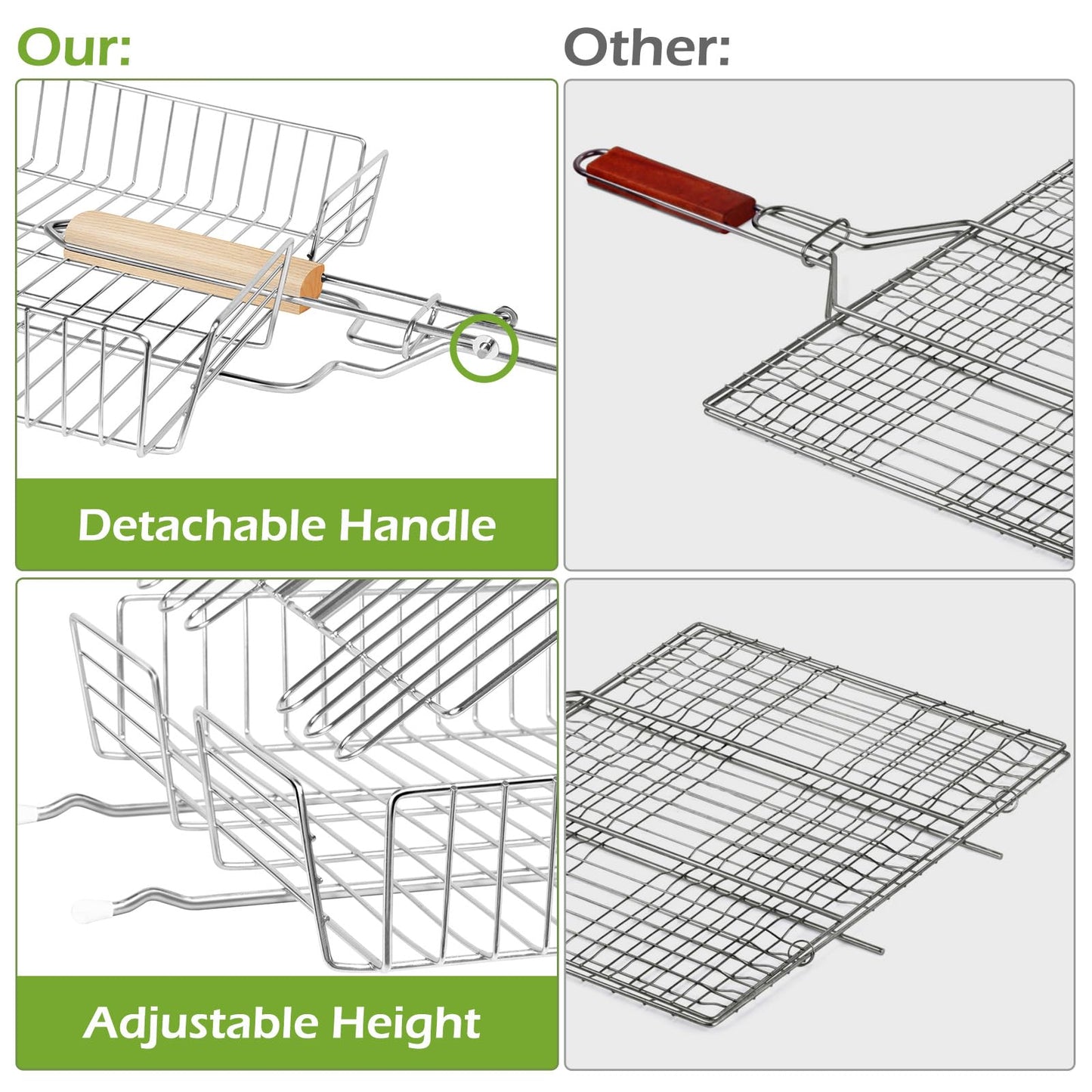 DOUBLE TWO - Stainless Steel Grill Basket, Grilling Baskets for Outdoor Grill, for Meat, Fish, Vegetable, BBQ Accessory, With Height Adjustable Cover & Detachable Handle, Easy to use, 1Pcs
