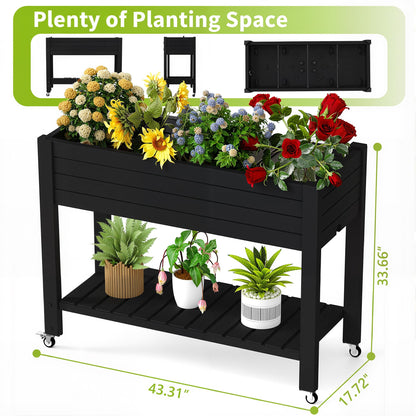 PatioZen Raised Garden Bed with Legs, 33.66" Tall Self-Watering Resin Planter Box with Lockable Wheels Drainage Plug and Gauge for Vegetables, Flowers, Storage Shelf for Tools and Accessories (Black)